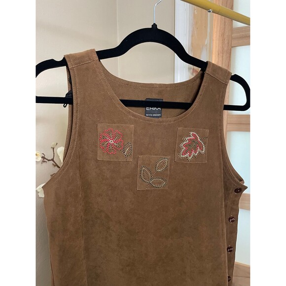 Erika Brown Suede Maxi Dress Nature Embroidered Vintage Style sz Petite Small - Picture 8 of 9